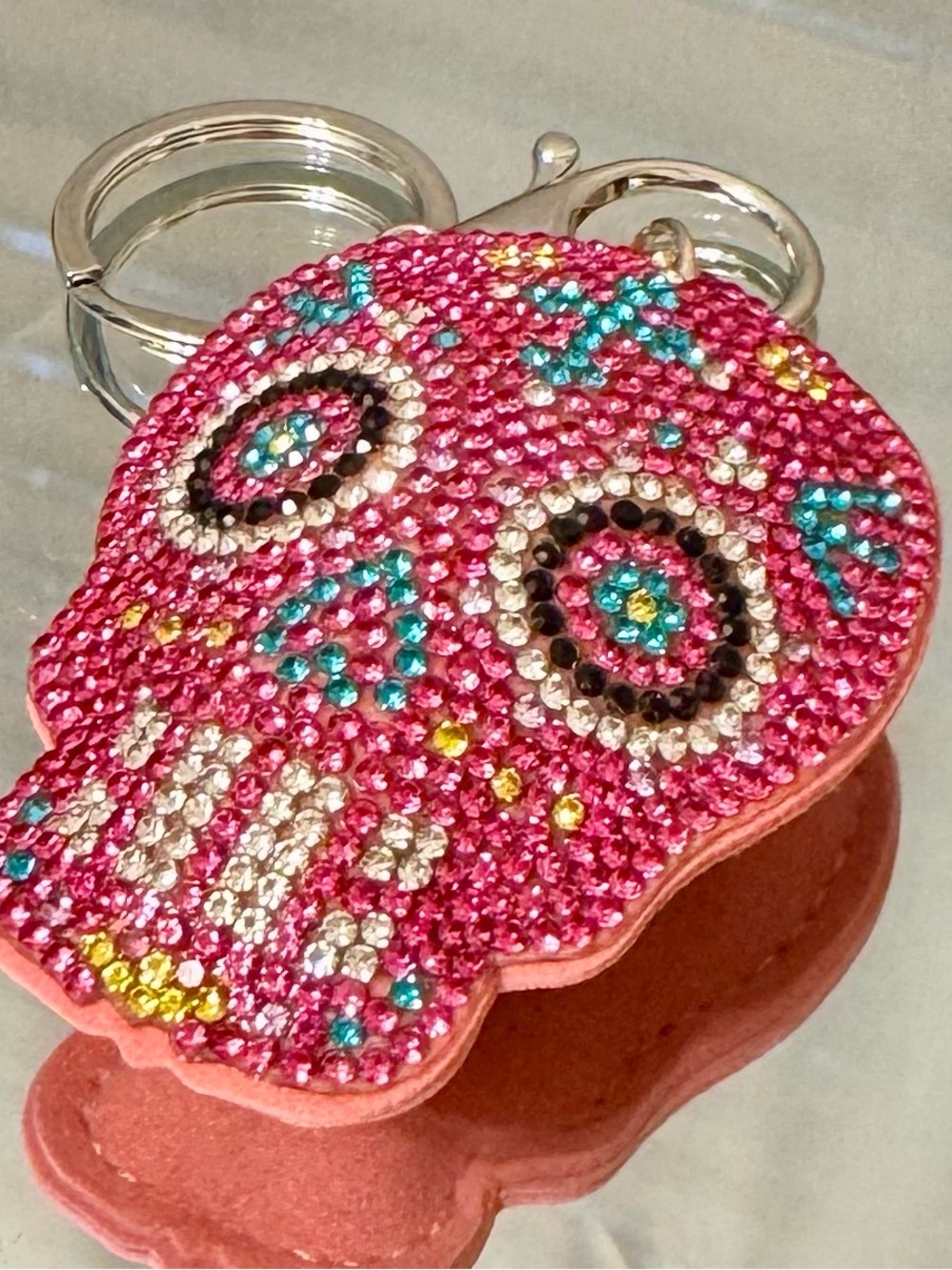 New Pink Crystal Sugar Skull Keychain with Multicolor Accents
